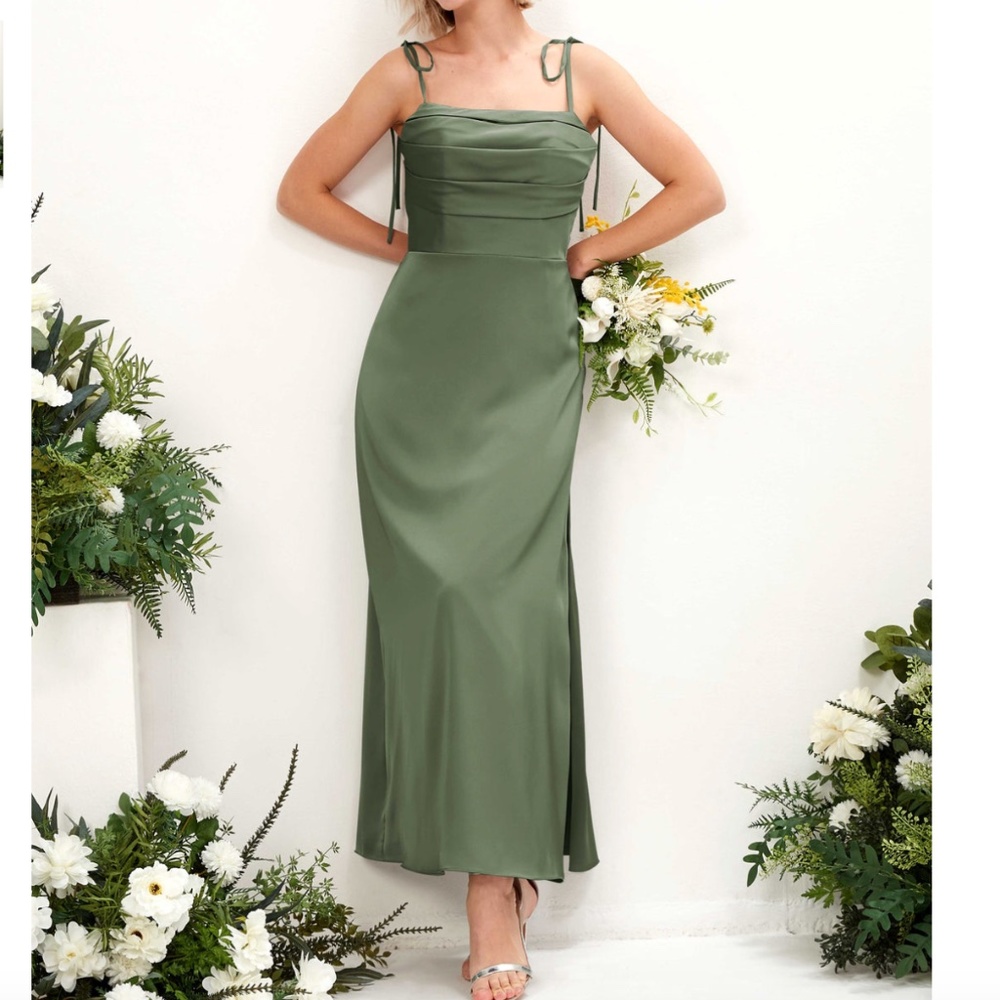 Satin olive bridesmaid dress by Carlyna